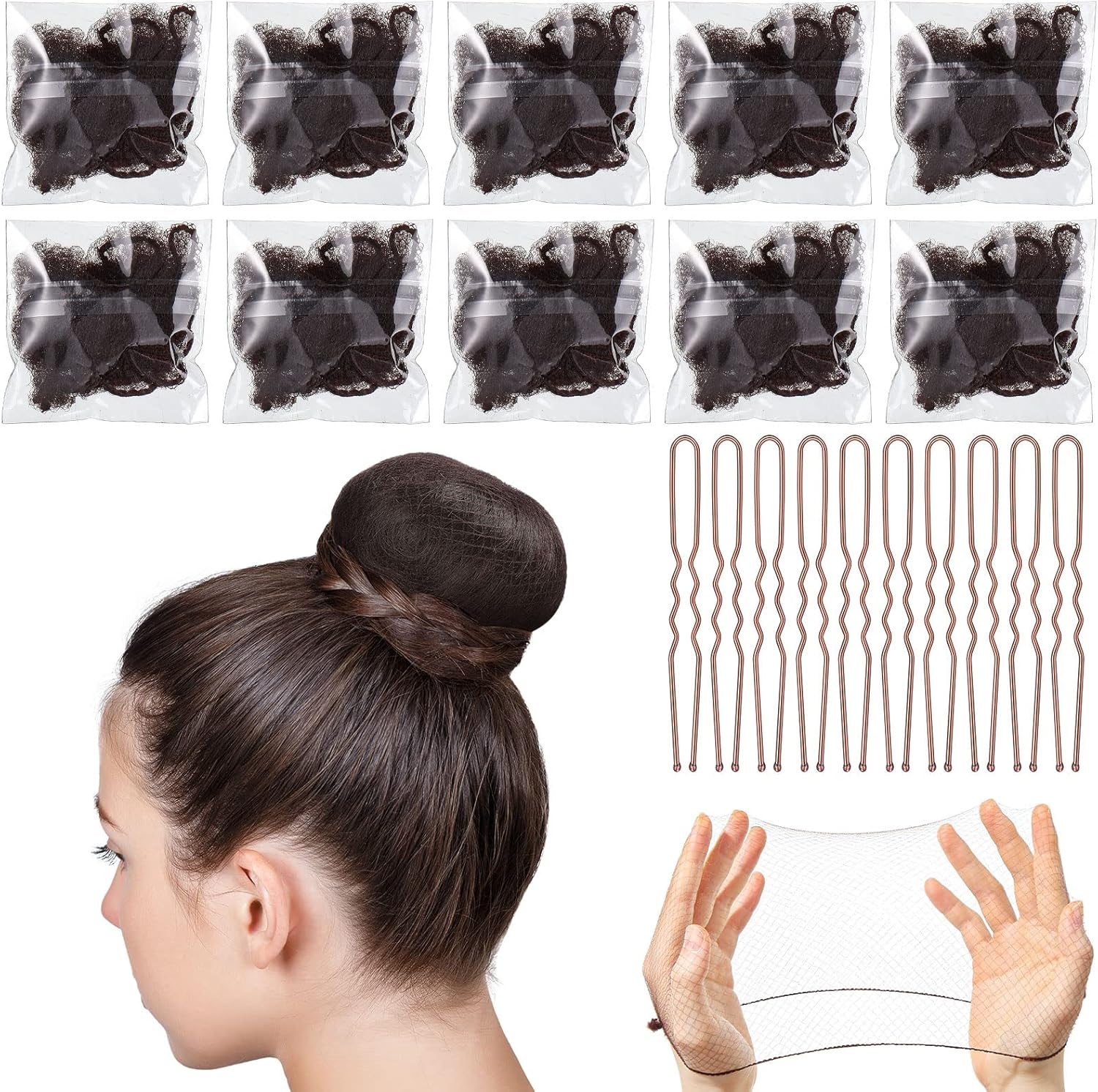 Kit chignon ballet 10 filets bruns + 10 épingles en U — accessoires coiffure natation artistique